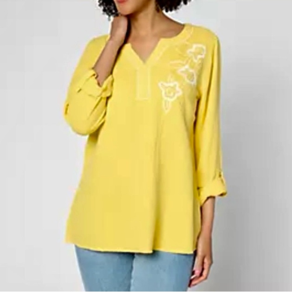 NWT Susan Graver Pure Women’s Yellow Cotton Embroidered Tunic Top 1X